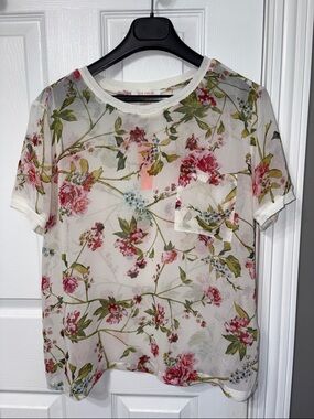 Joe Fresh Floral Sheer Short Sleeve Tee in White and Green